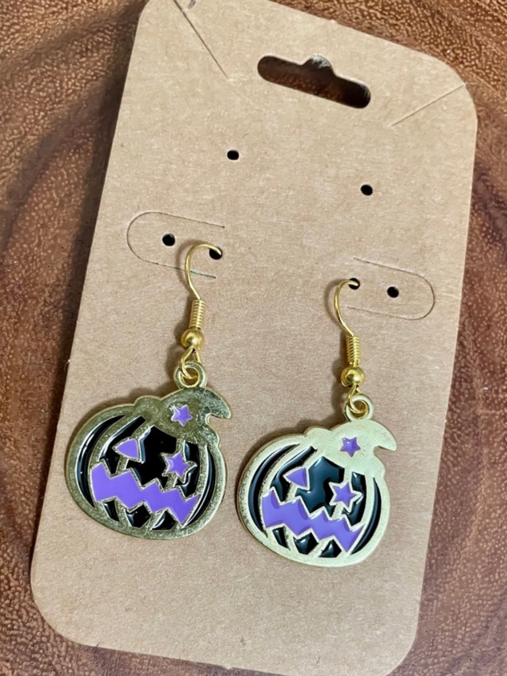 Purple and Black Enamel Gold Tone Halloween Pumpkin Drop Dangle Earrings